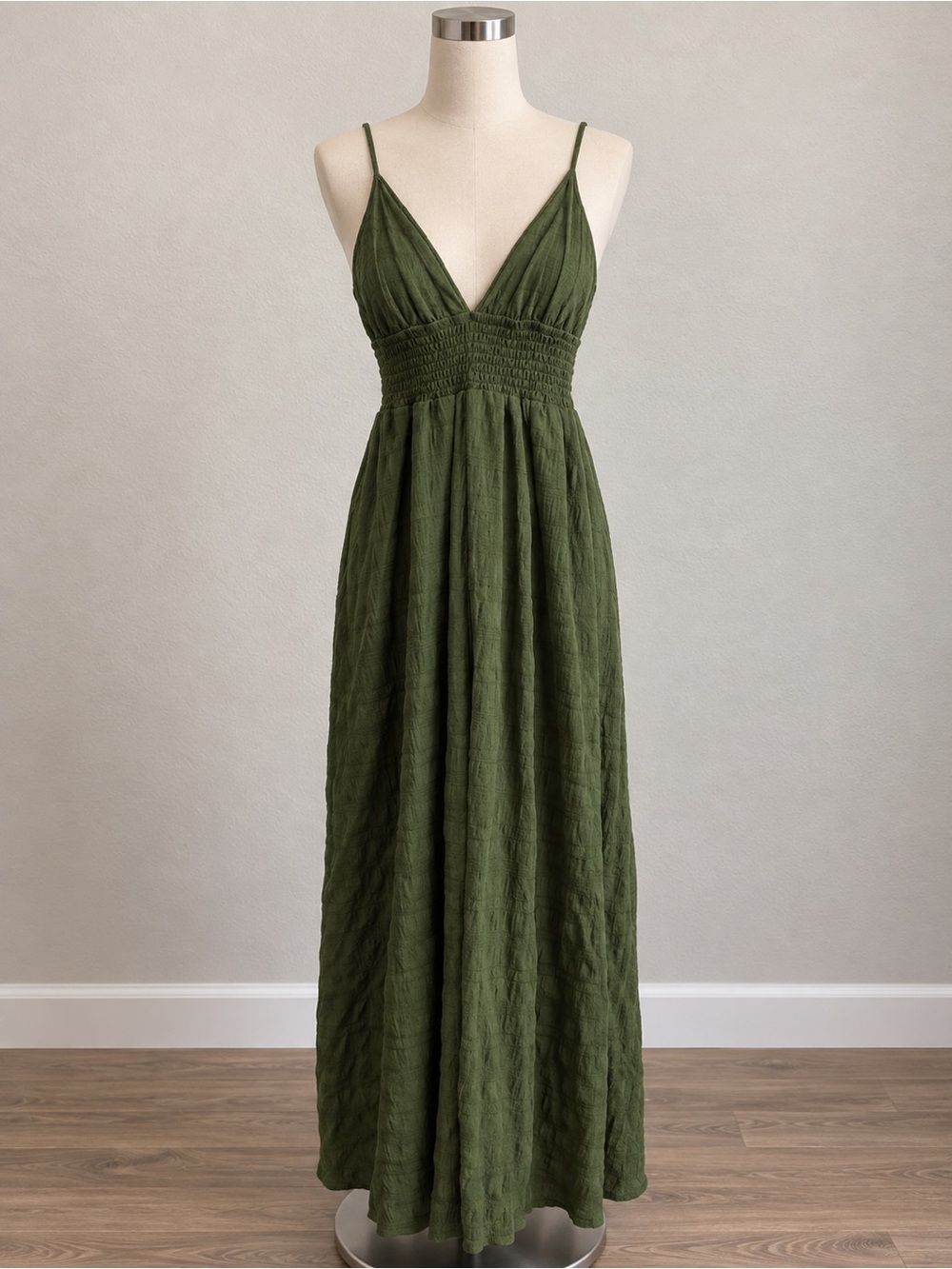 Olive Green Smocked Waist Maxi Dress Size S